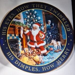 Festive Santa Claus Decorative Plate with Gold and Blue Accents